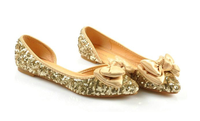 bow sequin gold sparkling wedding evening prom shoes flat custom made ...