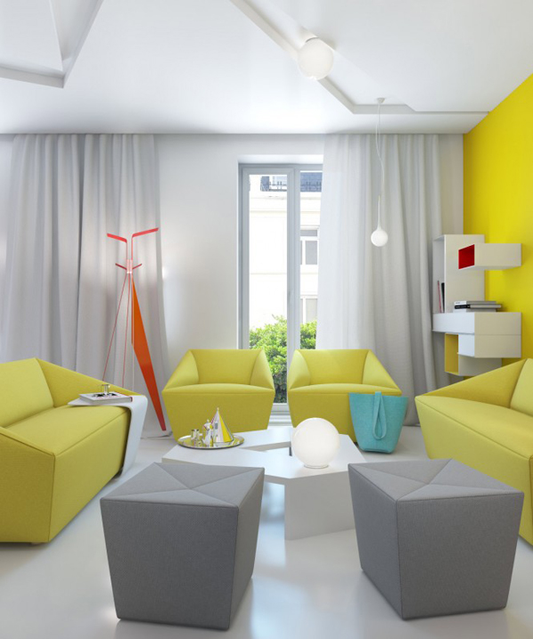 yellow gray white modern living room 665x798 Trostruki miks: Crvena, bela i žuta 
